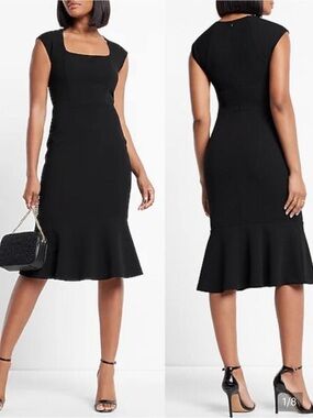 Express Black Square-Neck Midi Dress with Flounce Hem